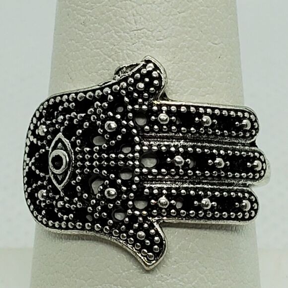 Silver Tone Hamsa Evil Eye Ring - Picture 2 of 7